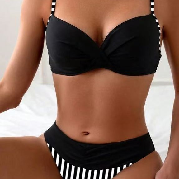 Cross-Border Split Bikini Strap Bikini for Women, High-Waisted Striped Polka Dot Print Swimsuit for Women, Amazon European and American Style