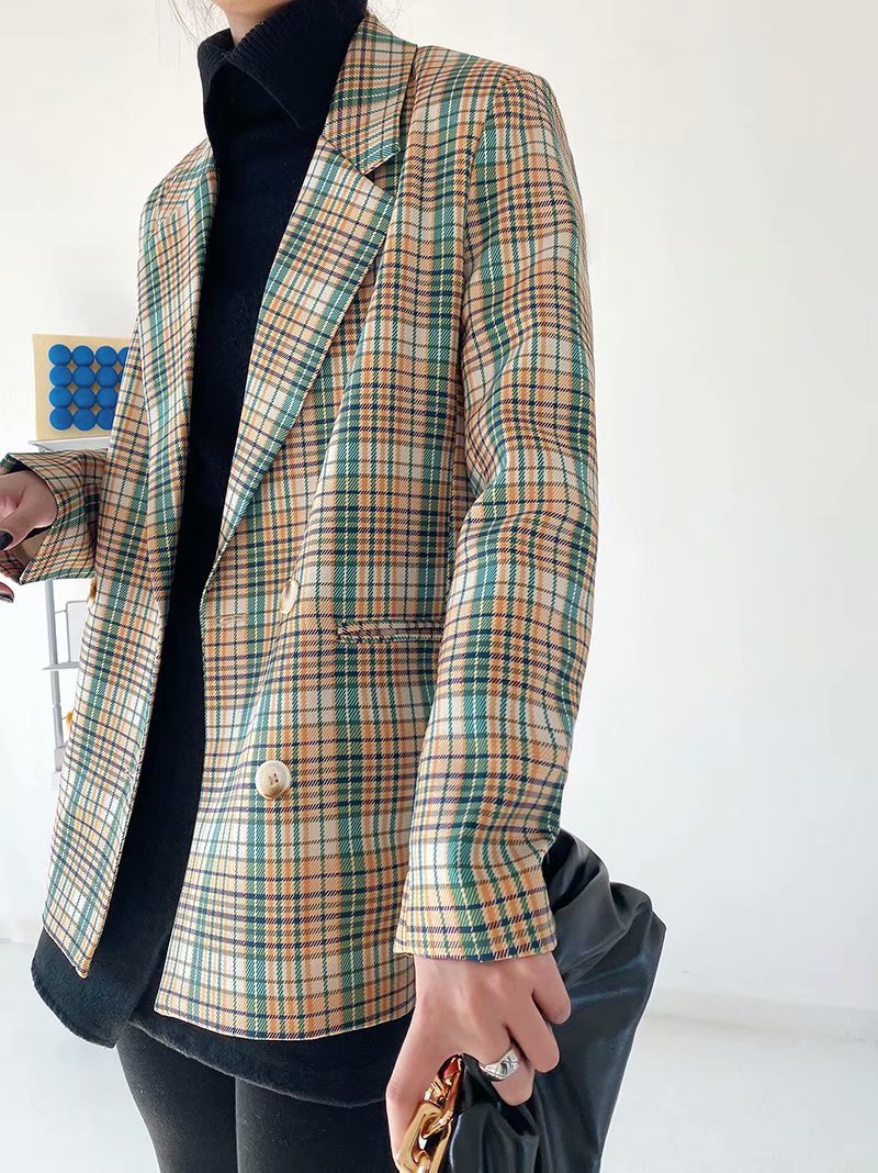 lapel check double-breasted casual blazer  NSAM20722