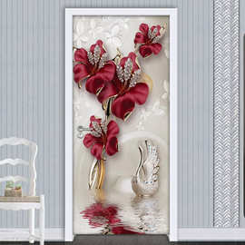 巨创跨境货源PVC贴纸3D自粘门贴  客厅现代装饰 抽象壁画红花天鹅