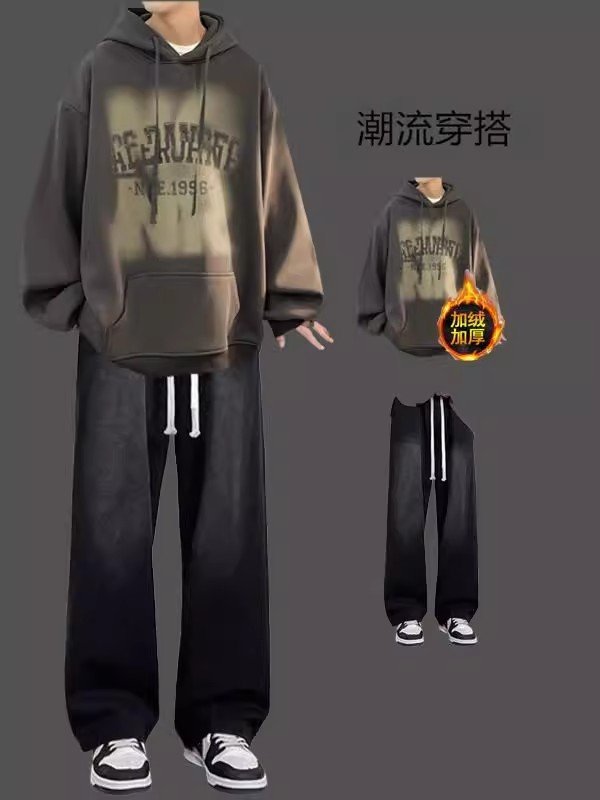 秋冬季套装男美式连帽卫衣潮牌一套搭配牛仔裤学生潮流帅气两件套|undefined
