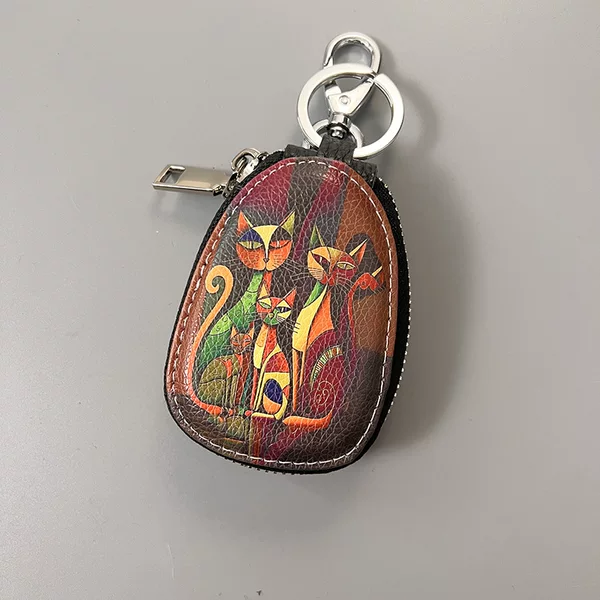 2026 New Genuine Leather Women's Key Bag Retro Ethnic Style Fashion Zipper Pendant Car Key Color Printed Women's Bag
