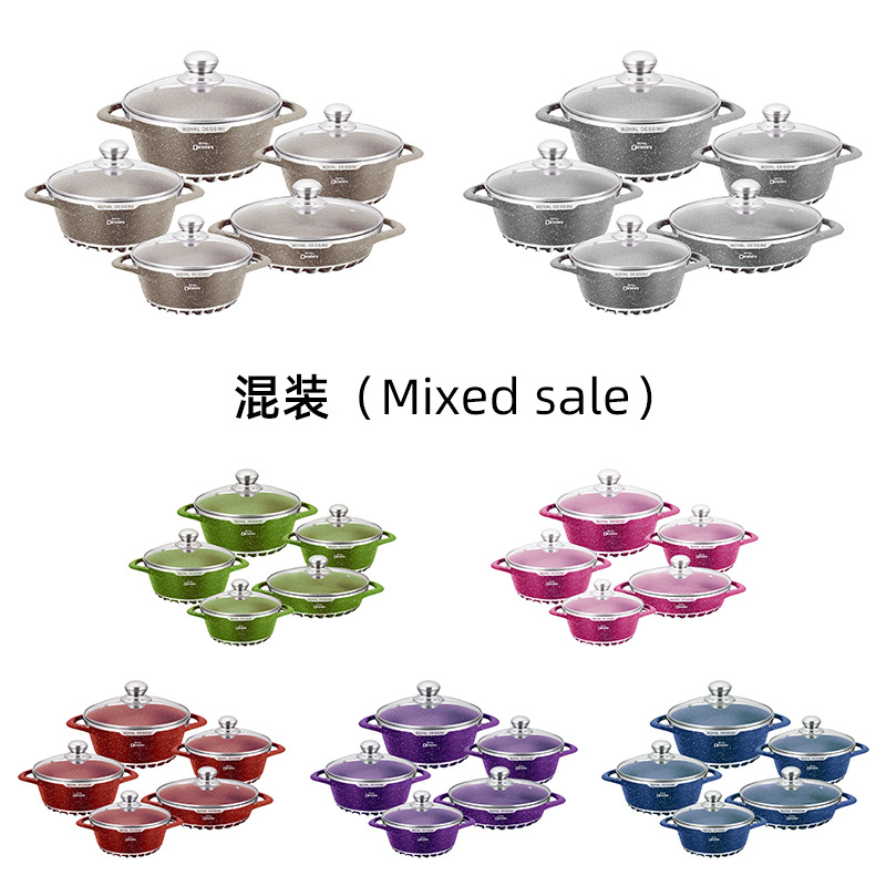 Comercio exterior transfronterizo olla de aluminio oreja puntiaguda ciclón olla de cocina doméstica olla de fundición olla de sopa antiadherente 10 piezas olla conjunto traje olla