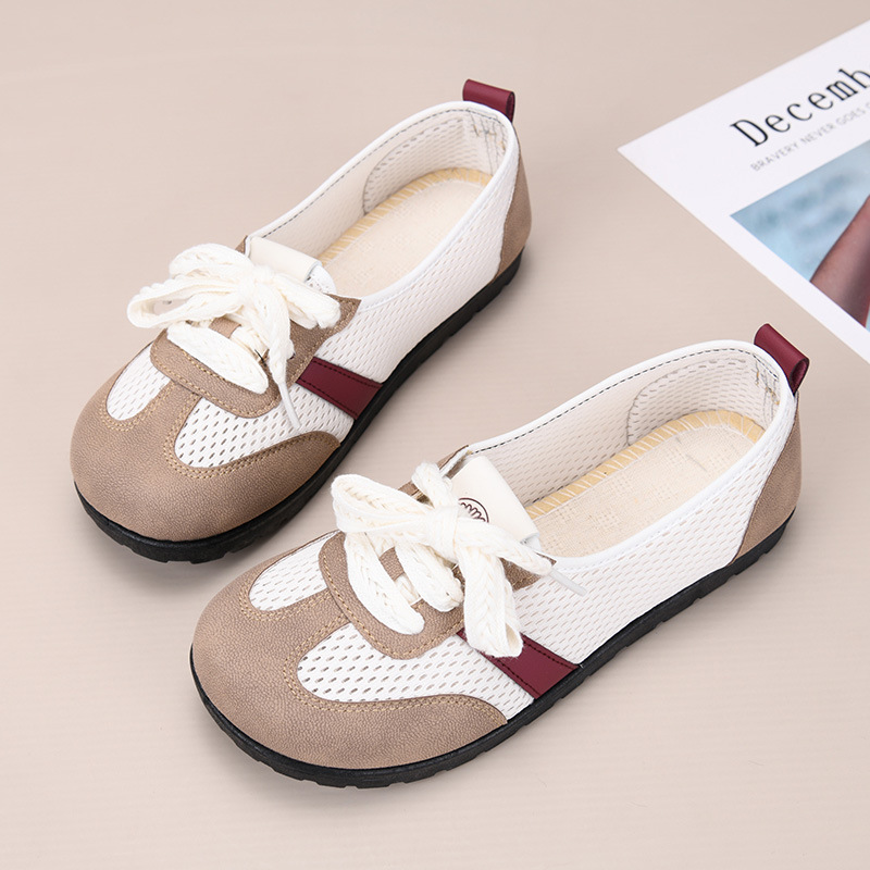 Summer New Style Old Beijing Cloth Shoes for Women, Lace-Up Decorative Fashion Single Mesh Shoes, French Ballet Flat Moral Training Shoes
