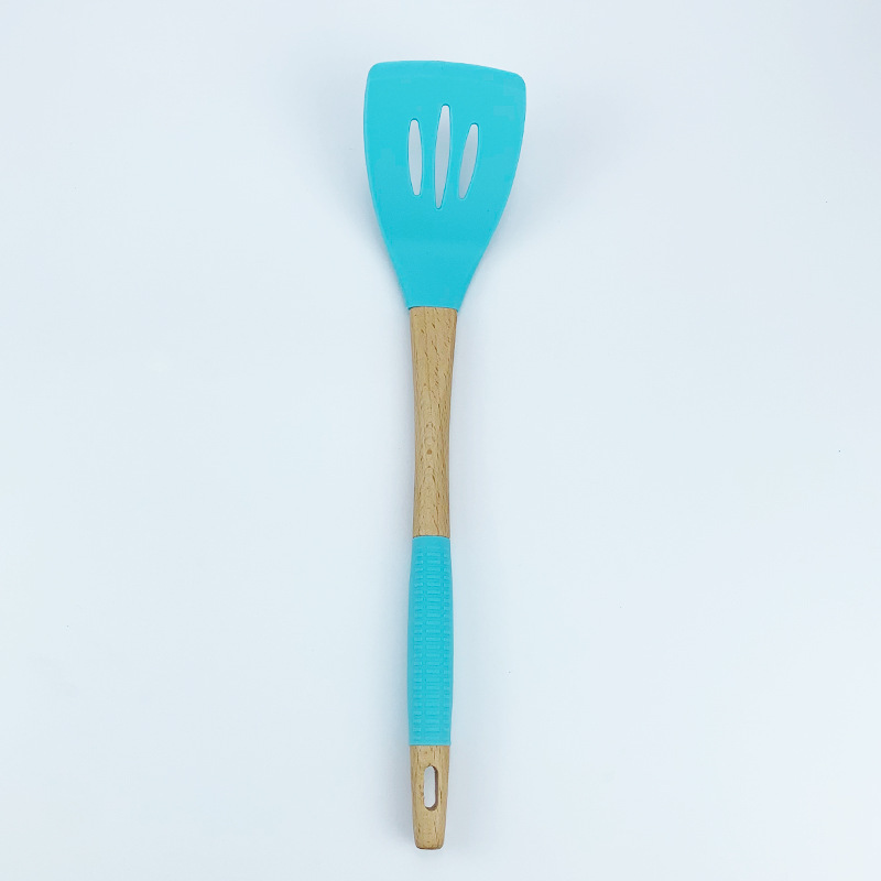 Juego de 7 piezas de pala de silicona de cocina, mango de madera maciza, pala antiadherente, cuchara de sopa, juego de cerca, stock de fábrica