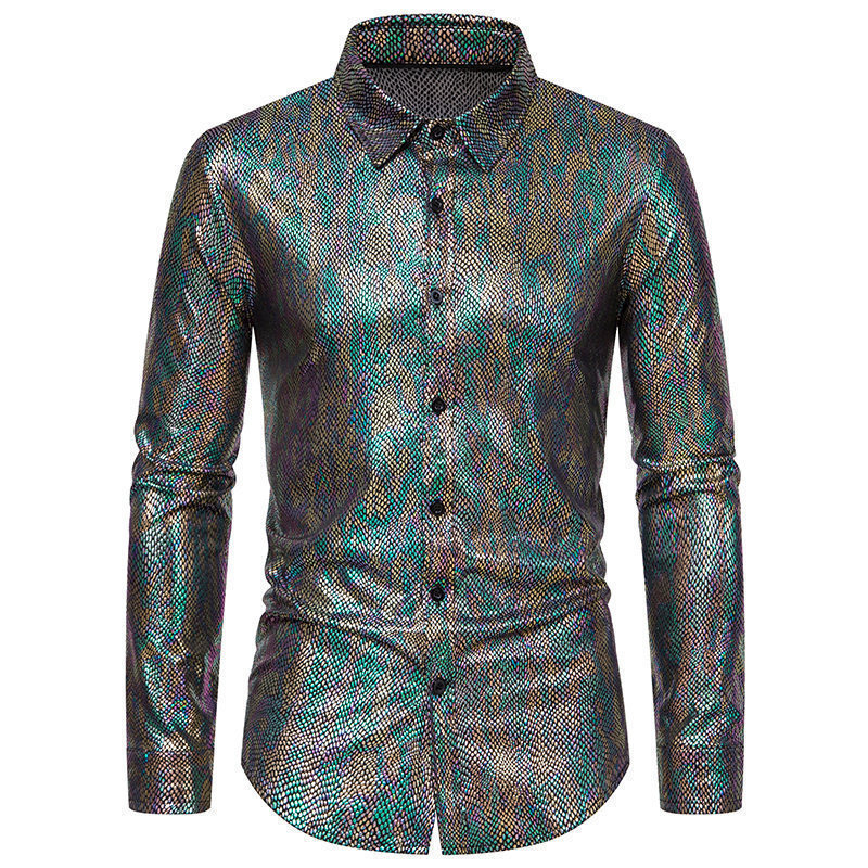 2025 Cross-Border Amazon Spring and Summer New European Size Snakeskin Hot Stamping Printed Performance Clothing Fashion Men's Long-Sleeved Shirt