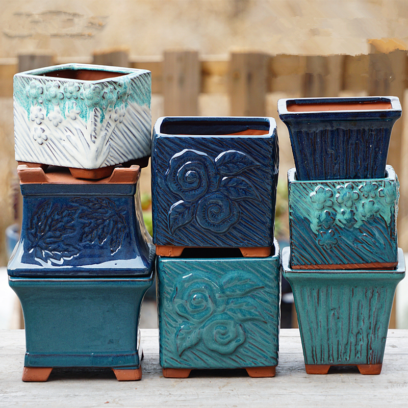 Handmade stoneware fleshy flowerpot large diameter square basin bright glaze old pile low square mouth breathable group raw creative green pottery pot Handmade stoneware fleshy flowerpot large diameter square basin bright glaze old pile low square mouth breathable group raw creative green pottery pot