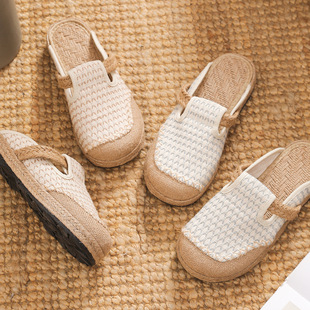2024 Spring and Summer New Linen Slippers T31 Literary Casual Baotou Slippers Hand-Stitched Crafts Patchwork Flat Cloth Shoes
