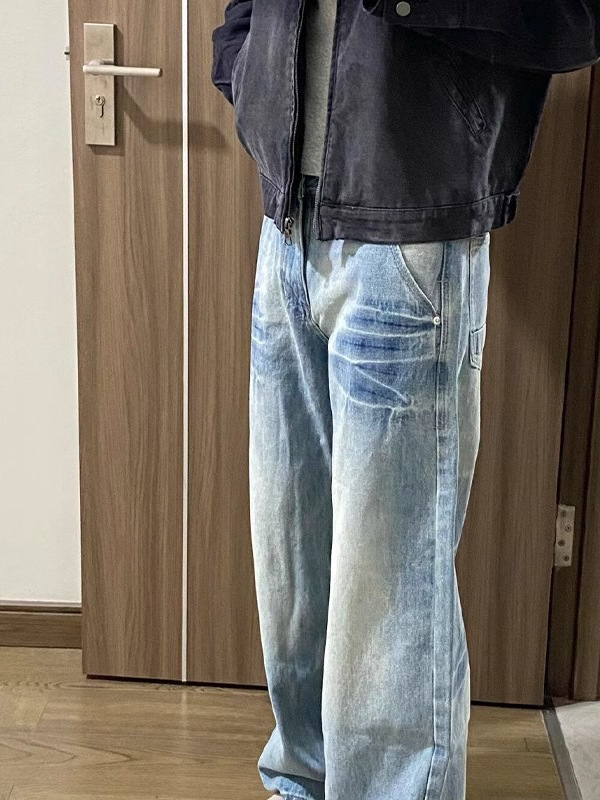 ウォッシュドブルーストレートジーンズメンズサマーアメリカンハイストリートバイブパンツクリーンフィットシミターマイクロフレアパンツ|undefined