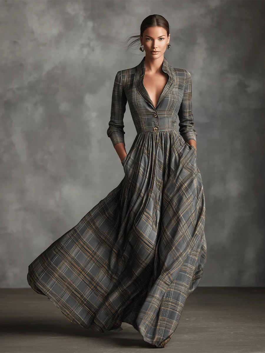 Women's Clothing Women's V Neck Gray Plaid Long Dress European And American Minimalist Retro Style Autumn Winter Full Swing Dress_ecoleips.com