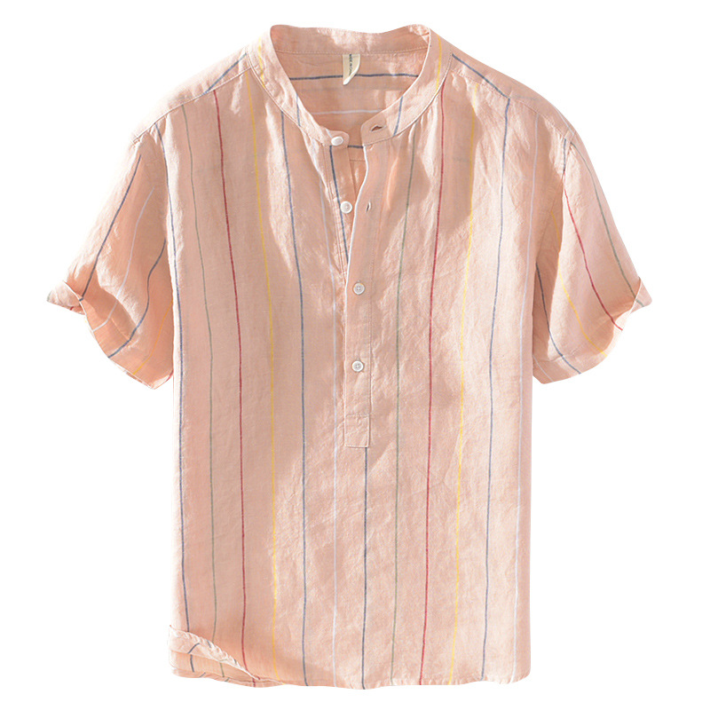 Nuova camicia a maniche corte a righe in lino per giacca casual estiva da uomo con colletto rialzato cinese_voghion.com