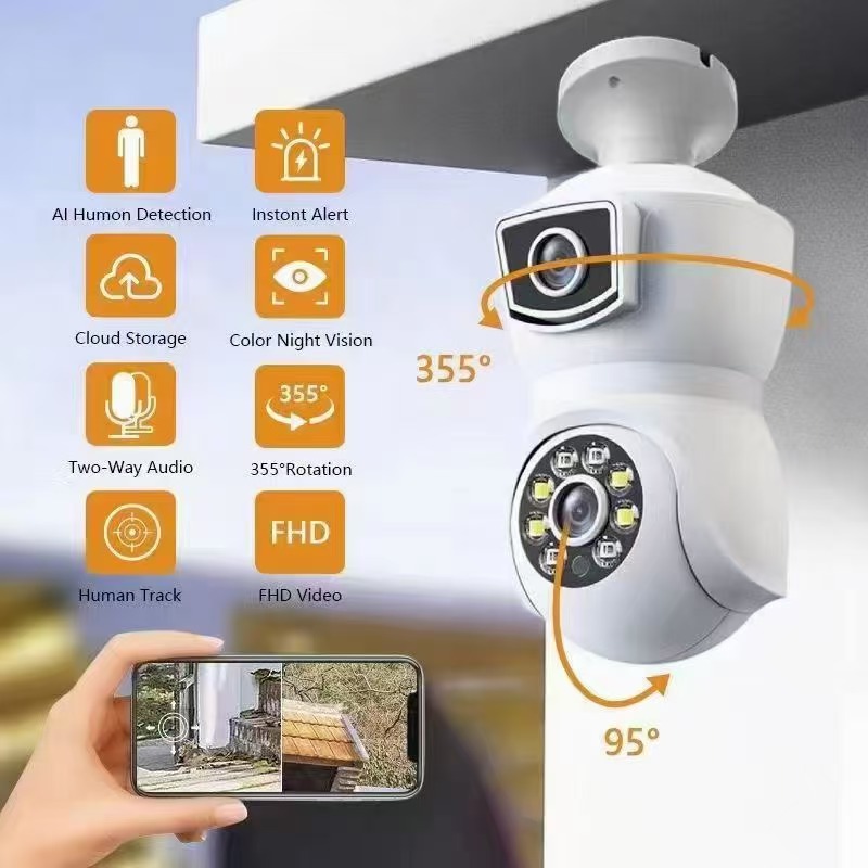 E9 bombilla Cámara WiFi pistola vinculación de doble lente hogar inteligente cámara de vigilancia a todo color E27 binocular