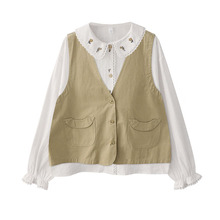 2023秋季新款森系复古双口袋马甲小外套+刺绣娃娃领衬衫上衣套装