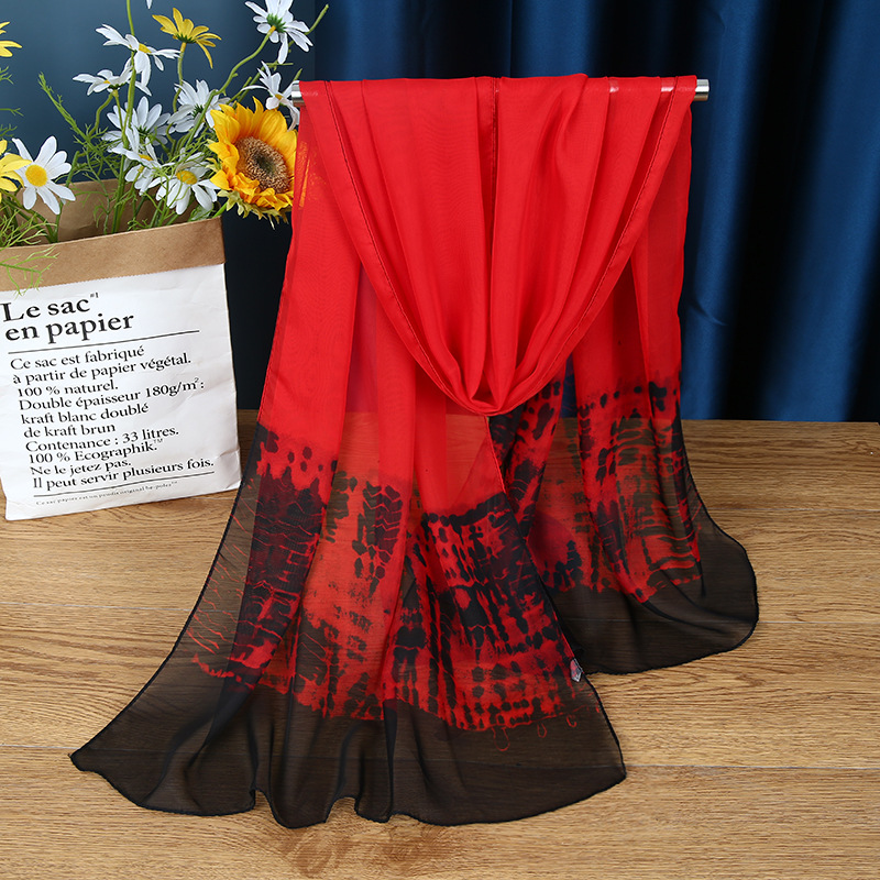 2021韩版新款拼色印花雪纺围巾女士柔软跳舞纱巾形体走秀丝巾批发