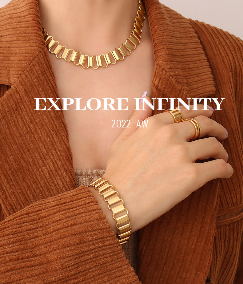 fashion hollow geometric ring necklace bracelet set titanium steel 18K gold plated jewelry