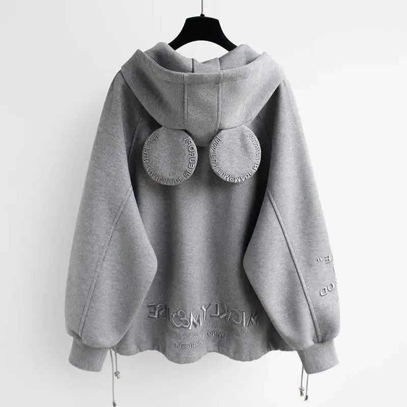 Student Coat Trendy Autumn and Winter 2024 New Cute Hooded Loose plus size Sweater with Ears Women's fleece-lined Thickened