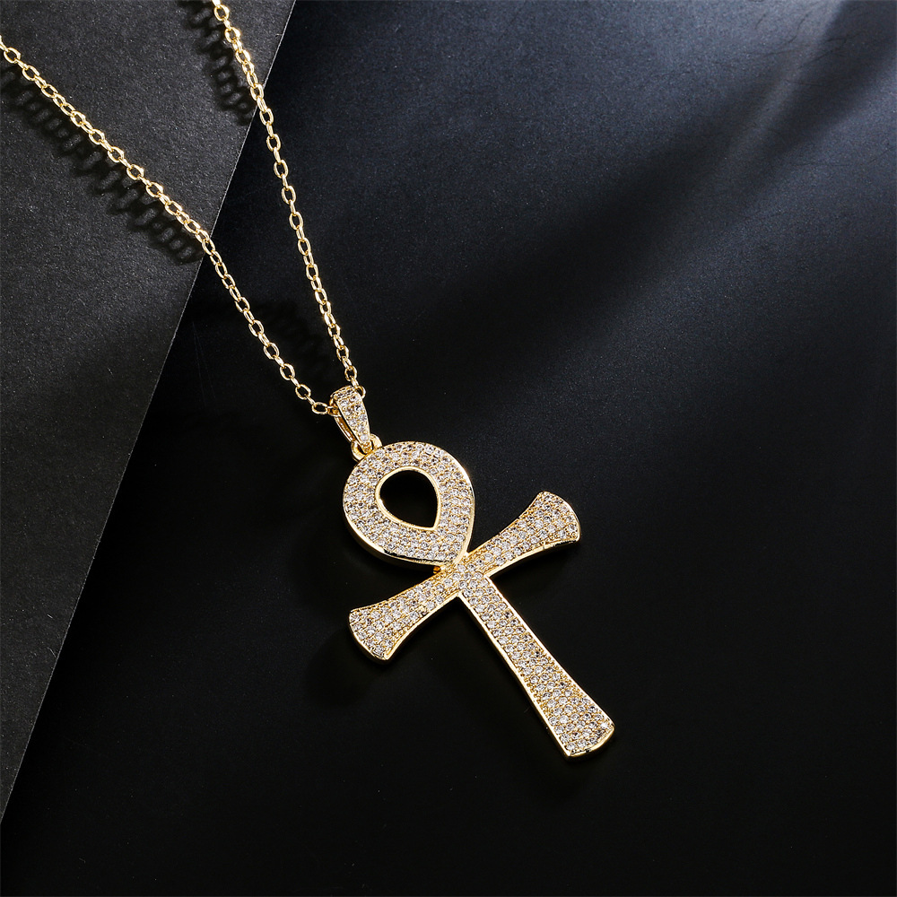Retro Fashion Anka Cross Pendant Copper Plated Real Gold Zircon Necklace Religious Jewelry