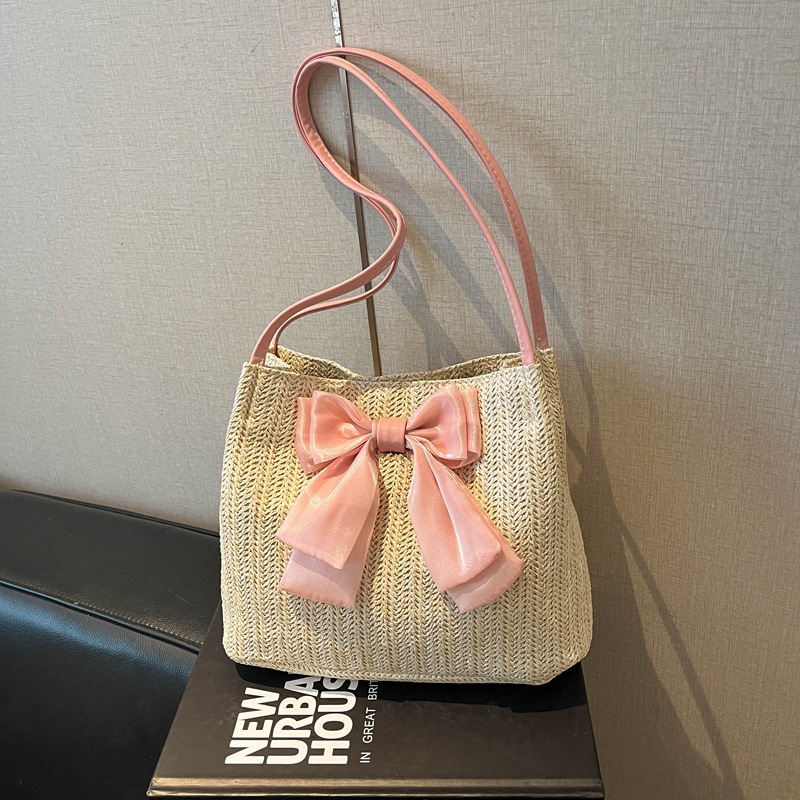 Stylish Straw Tote Bag With Bow Detail For Women - Casual Design_voghion.com