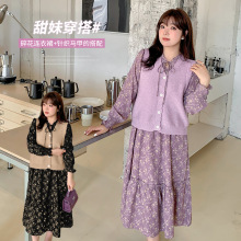 文艺碎花裙针织马甲两件套春季新款大码女装两件套120076T21