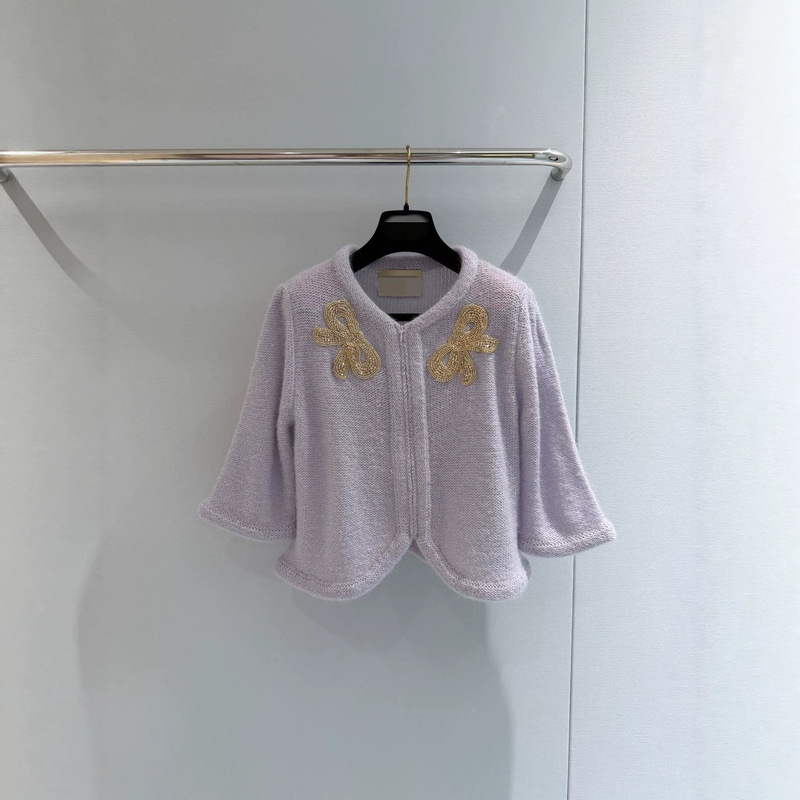 Youthful V-neck zip-up cardigan with golden embroidered beads and bow, sweet girl vibe, soft light purple mohair-like knit Youthful V-neck zip-up cardigan with golden embroidered beads and bow, sweet girl vibe, soft light purple mohair-like knit