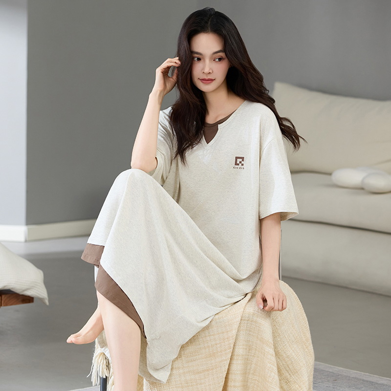 Camisón mujer verano algodón de manga corta tirante largo pijama de algodón fresco falda suelta ropa de hogar de gran tamaño se puede usar afuera