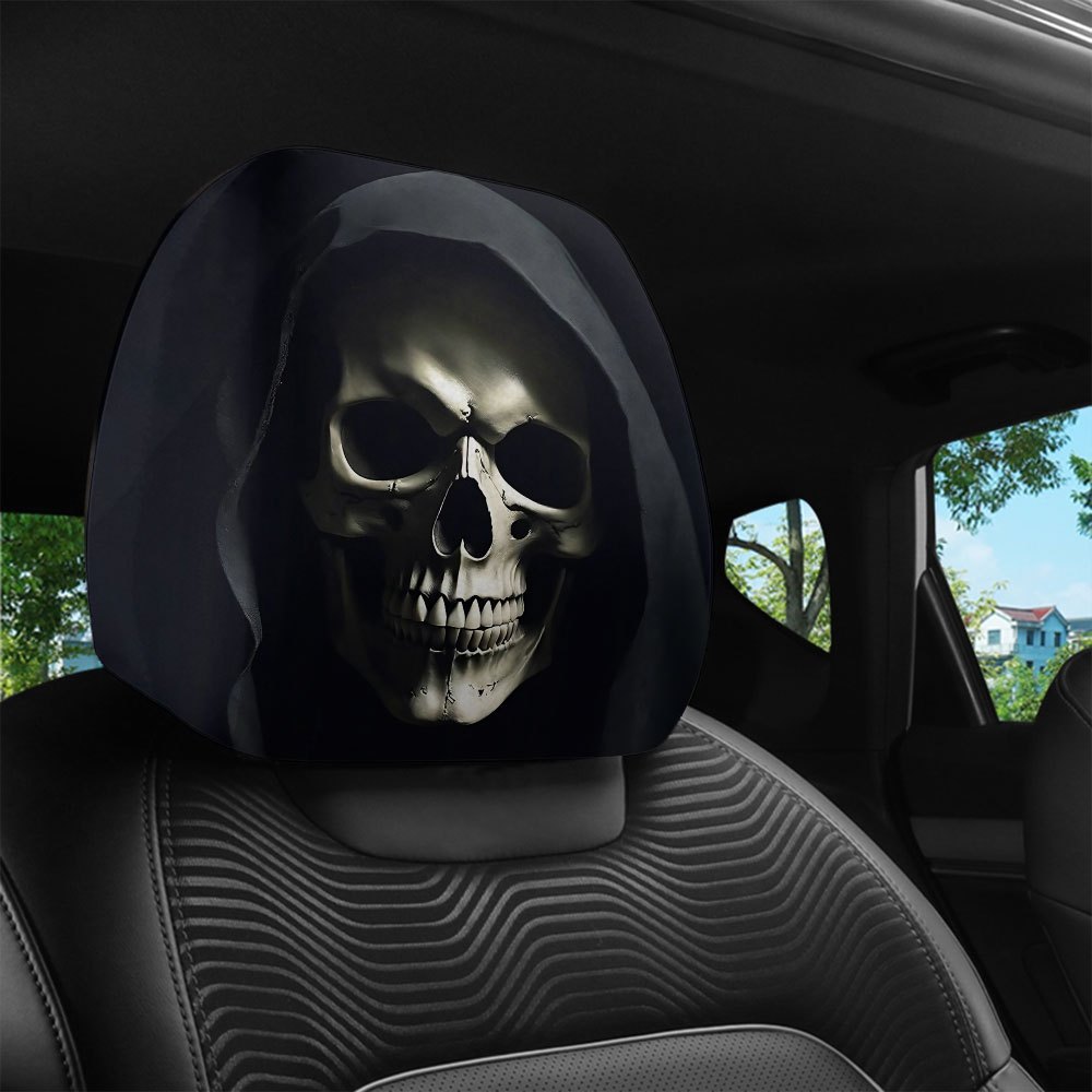 Car headrest cover with gothic death scythe dark-themed personalized print, universal for car interiors, can be customized with labels and made according to provided images