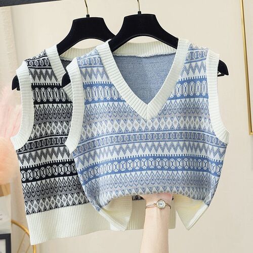 Women's Knitted Vest, Open-Front Korean Style, Loose Short-Sleeve V-Neck Sweater, Fall Fashion