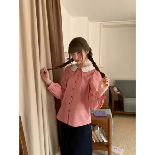 小众撞色双层娃娃翻领格子衬衫女春季新款洋气小衫上衣