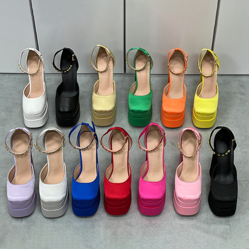 New trendy high-heeled candy-colored single shoes for export, large size, water drill waterproof platform, one-piece strap, thick sole women's shoes for photos and parties
