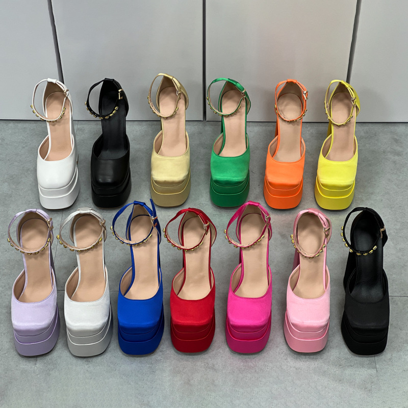New candy color chunky heel round toe high heels 14cm foreign trade rhinestone double waterproof platform women's shoes with thick sole