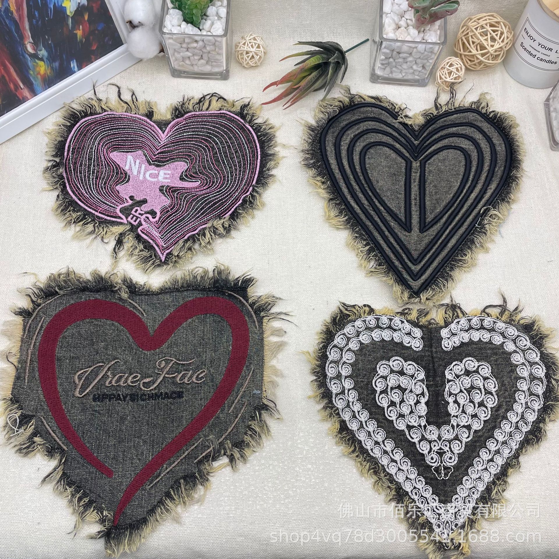 新款时尚电脑绣花牛仔布毛边爱心布贴服装个性 diy装饰搭配贴布花