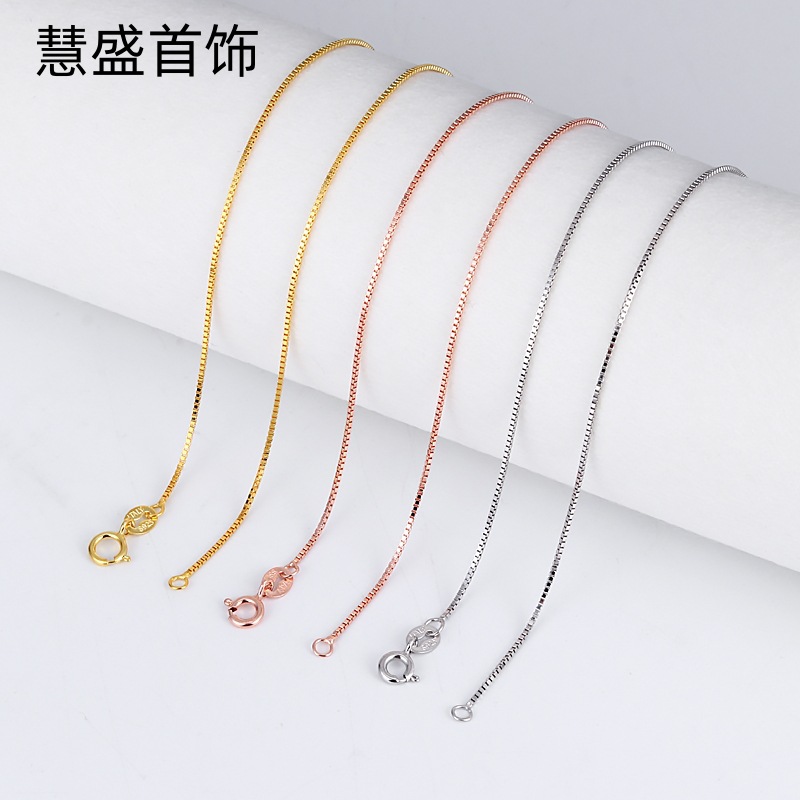 S925 Sterling Silver Box Chain Shiny European Chain Necklace Women's Necklace Gold-Plated Platinum Clavicle Chain Neck Chain Manufacturer Wholesale