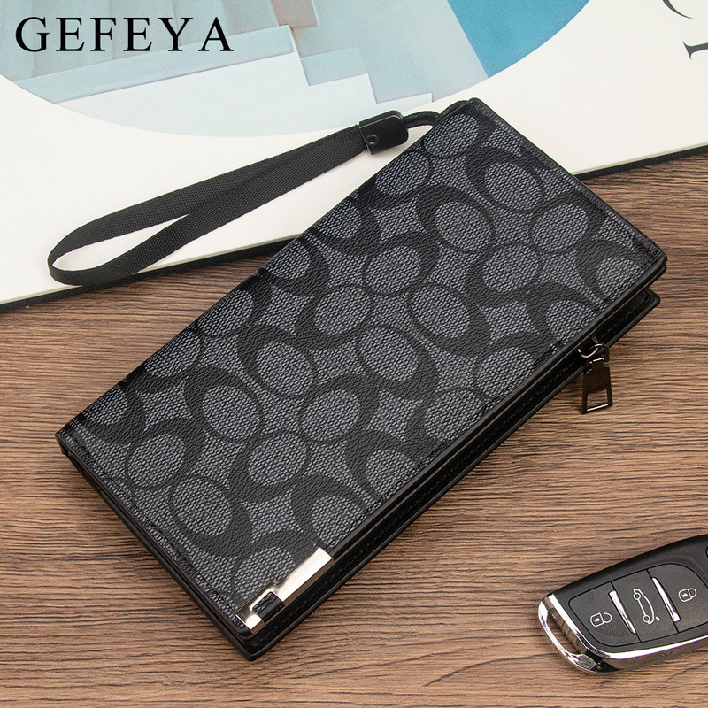 GEFEYA men's long clutch bag, classic print with hand strap, large capacity, multiple card slots, and a zippered phone wallet