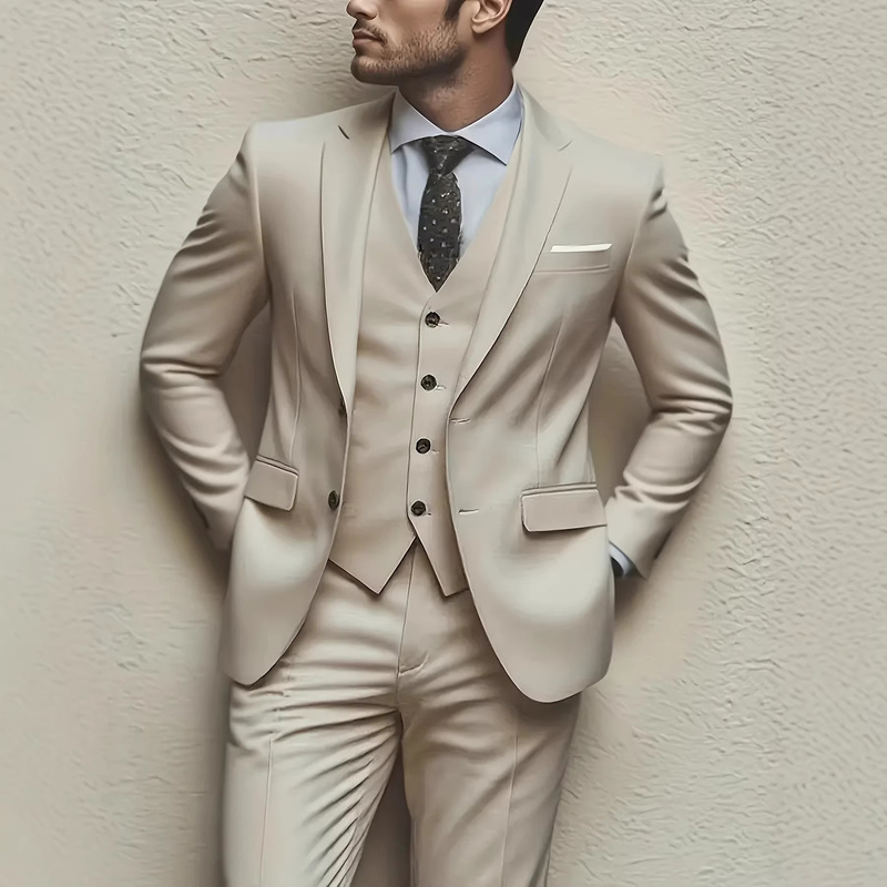 Cross-Border Foreign Trade European and American Men's Business Casual Suit Set, Men's Host Performance Wedding Suit Three-Piece Set