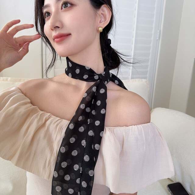 韩系棕色波点系脖丝巾高级感女跨境新款丝带脖饰飘带领巾搭配长条|undefined