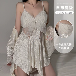 瑰若柔软丝绒内衣蝴蝶网纱加胸垫女吊带睡裙舒适外袍家居套装4864