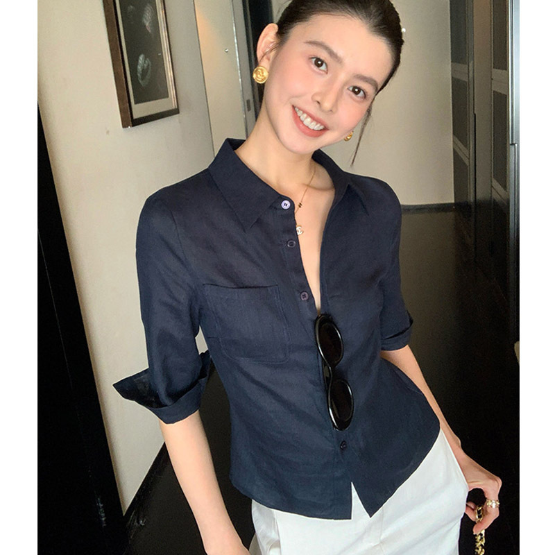 Elegant and Sophisticated Navy Blue Old Money Style Linen Mid-Sleeve Shirt for Women, with a Fitted Waist and Turn-Down Collar, Cardigan Style Elegant and Sophisticated Navy Blue Old Money Style Linen Mid-Sleeve Shirt for Women, with a Fitted Waist and Turn-Down Collar, Cardigan Style
