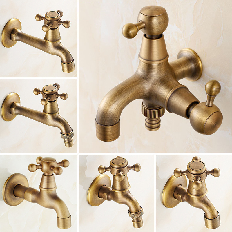 Washing Machine Faucet Retro Brass Quick-Open Single Cold Mop Sink Faucet One in Two Out Dual-Use Faucet