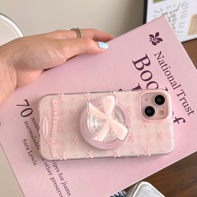 Ins Pink Plaid Bow Magnetic Stand Suitable for Iphone17Pro Max Apple 14 Phone Case 13/15 Ins Pink Plaid Bow Magnetic Stand Suitable for Iphone17Pro Max Apple 14 Phone Case 13/15