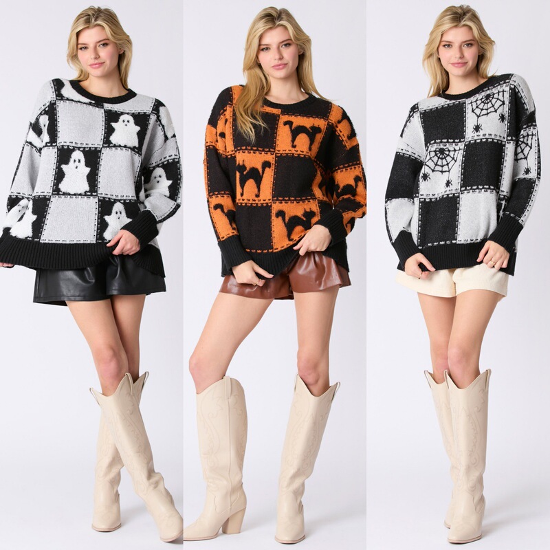 アマゾン秋冬の新型クロスボーダー欧米の女装の頭のニットのハロウィンの幽霊の格子の丸首のセーターの女性|undefined