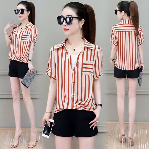 Striped chiffon blouse summer 2024 new fashion western temperament false two-piece top this year's popular age-reducing top trendy