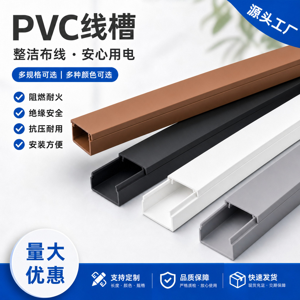 黑色pvc方形线槽明线走线槽明装pvc电线槽盒灰白咖棕自粘阻燃跨境
