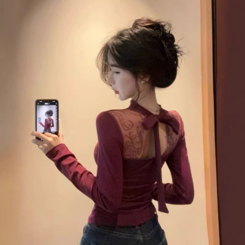 【260G Rayon Modal】Elegant Mature Style Exquisite Hollow-Out Backless Long-Sleeve Lace Slim-Fit Women's Top 【260G Rayon Modal】Elegant Mature Style Exquisite Hollow-Out Backless Long-Sleeve Lace Slim-Fit Women's Top