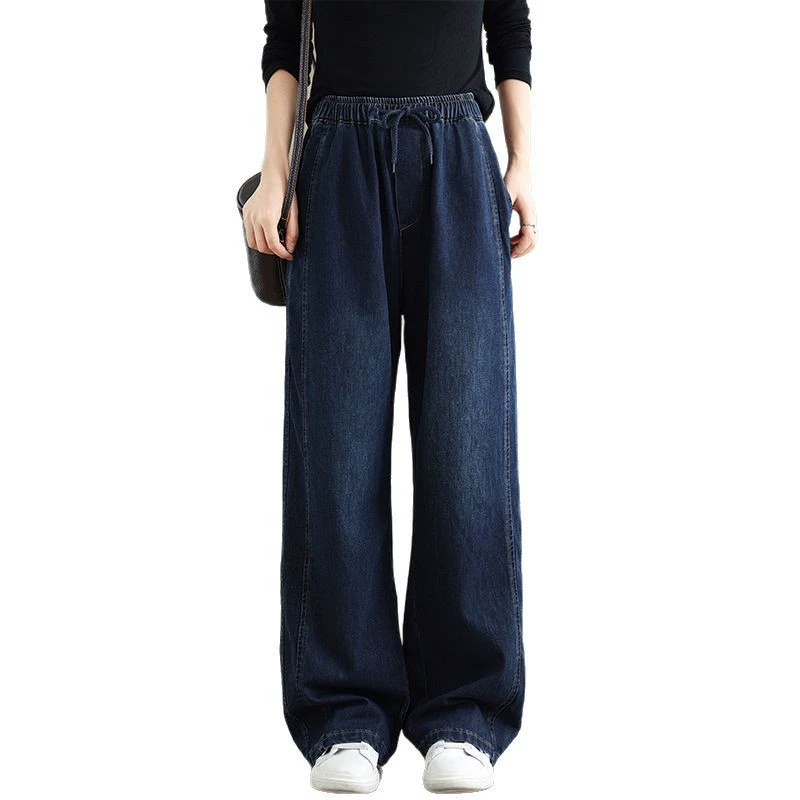 Demi-season loose straight jeans, trousers, for plus size ladies, elastic waist