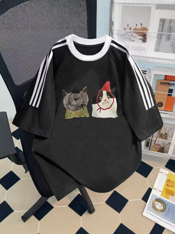 厚手の純綿白スリーストライプス半袖Tシャツレディース2025年夏新作オーバーサイズルーズインナートップ|undefined