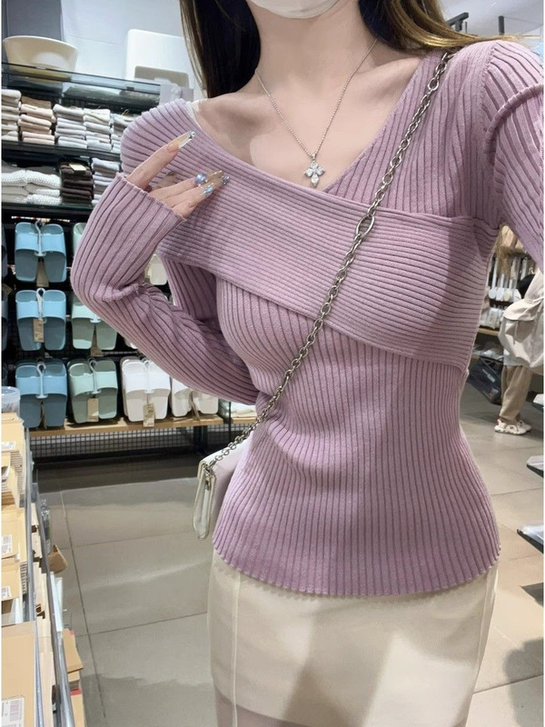 纯色交叉V领针织打底衫女早秋季设计感锁骨修身显瘦毛衣内搭上衣|undefined