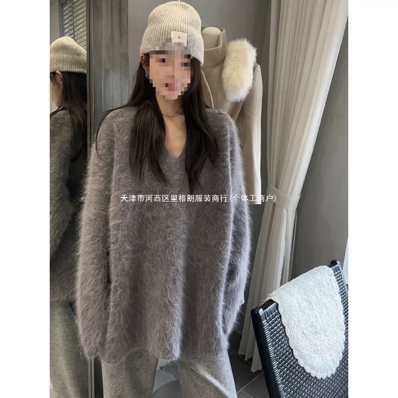水貂绒毛秋冬宽松慵懒毛衣上衣新款温柔韩版设计针织针织衫紫