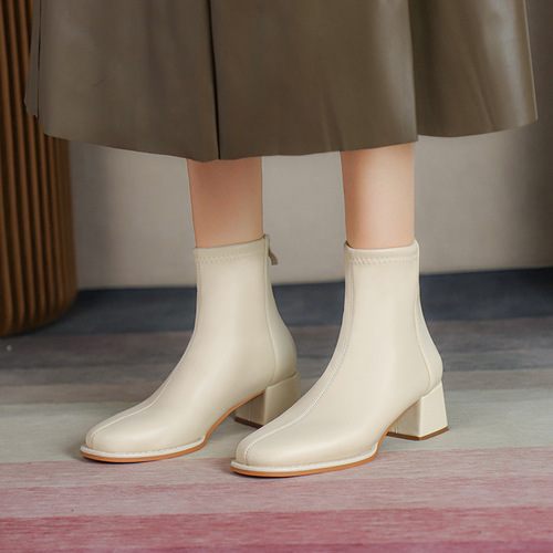 Fuhao Thick Heel Internet Celebrity Short Boots Women's Soft  New High Heel Boots Back Zipper Round Toe Fashion Women's Boots Leather Boots