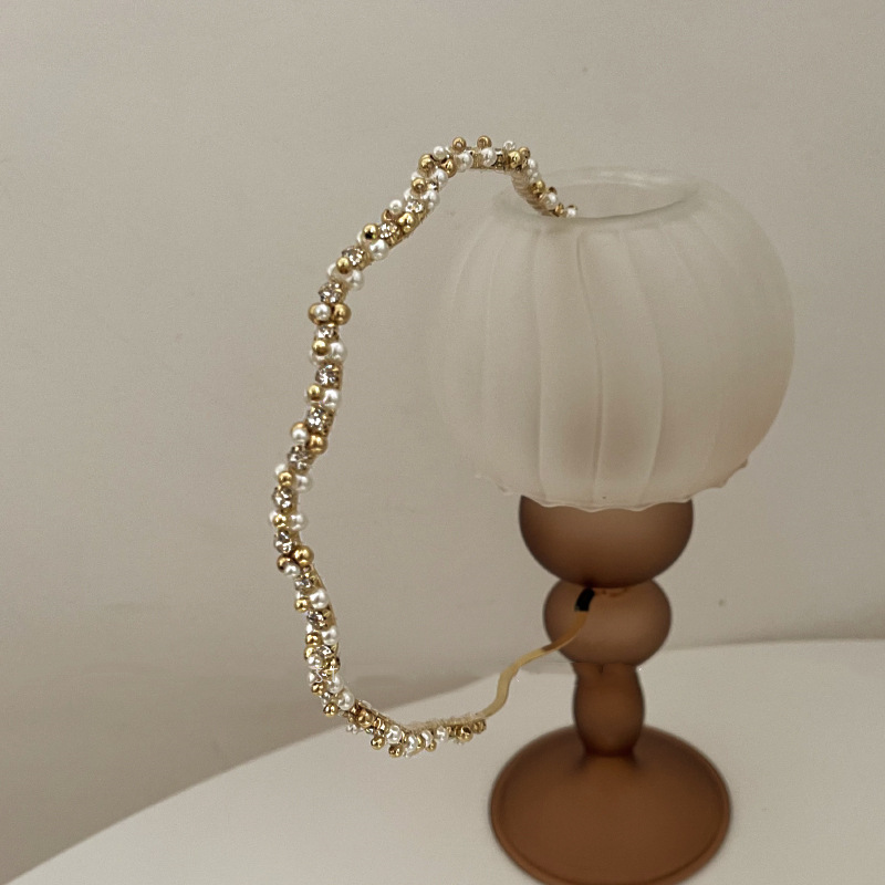 Bandeau de lavage du visage rétro de luxe léger et simple avec perles de zircon françaises, superbe et haut de gamme_voghion.com