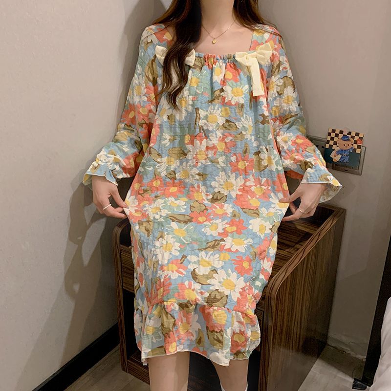 Nube de algodón pijama de primavera y otoño de mujer nuevo tipo con almohadilla de pecho dulce flor triturada pijama de mangas largas princesa ropa de hogar se puede usar fuera