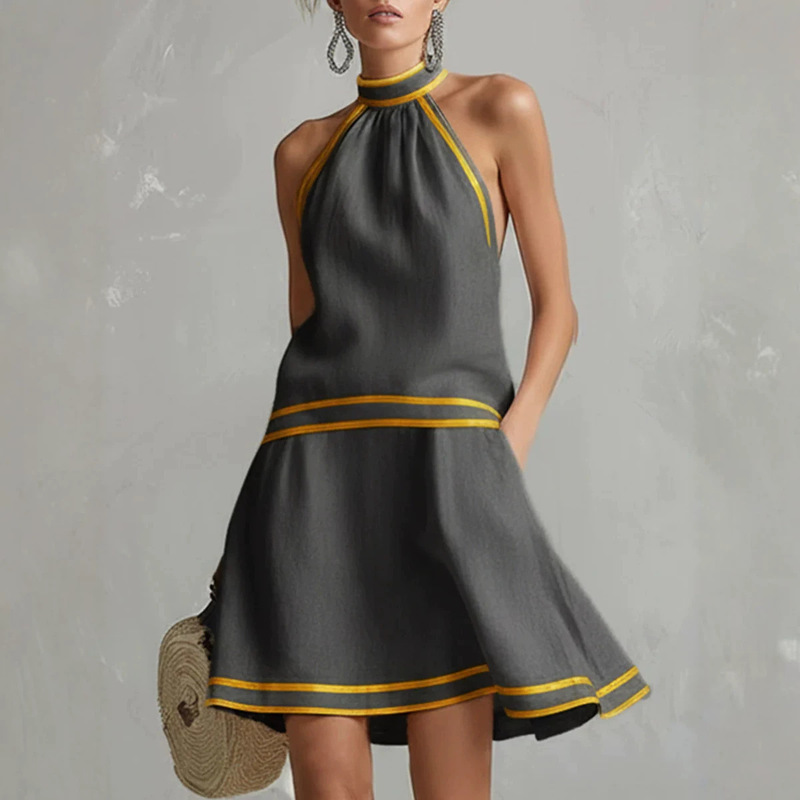 2026 New Cross-Border European and American Women's Fashion Elegant Color-Blocking Trim Cotton-Linen Backless Sleeveless Mini Dress